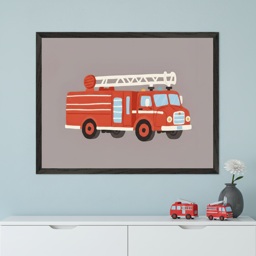 Modern kid's room with a white dresser against a light blue wall. A large framed print of a cartoon red fire truck hangs centered above the dresser. Two toy fire trucks and a gray vase with a white flower are on the dresser.