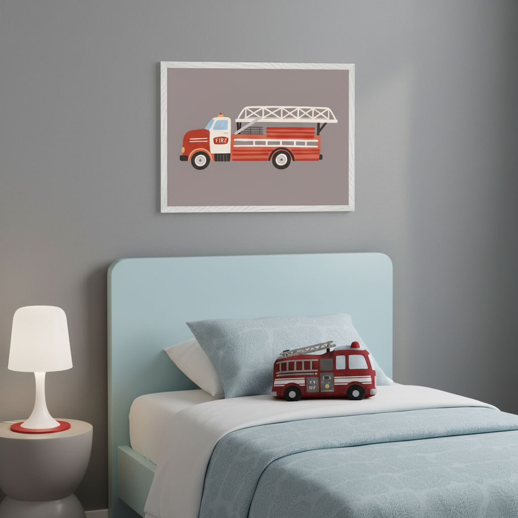 Kid's bedroom with a light blue bed and a grey nightstand. Above the bed on a grey wall hangs a framed illustration of a red fire truck with a ladder. A plush fire truck toy is on the bed.