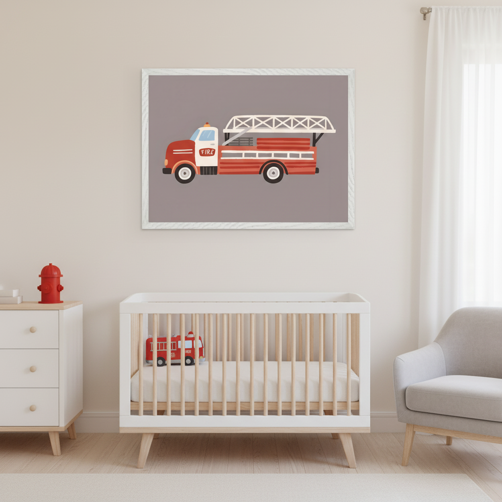 Modern nursery with a white and light wood crib and a white dresser. A large framed illustration of a red fire truck hangs on the beige wall above the crib. A small fire hydrant toy sits on the dresser, and another fire truck toy is in the crib. A gray armchair is to the right.