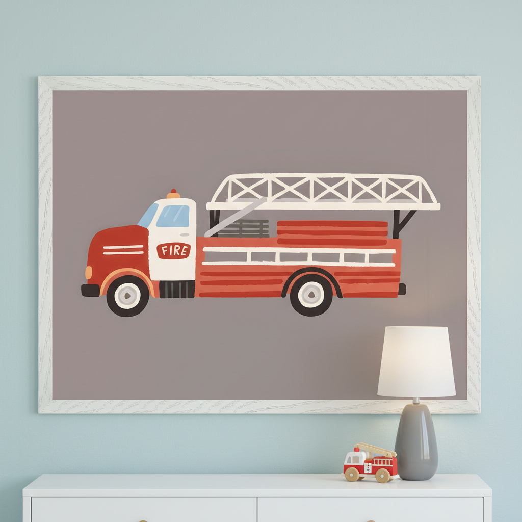 Kid's room with a light blue wall and white dresser. A large white-framed illustration of a red and white cartoon fire truck hangs above the dresser. A small wooden fire truck toy and a gray lamp are on the dresser.