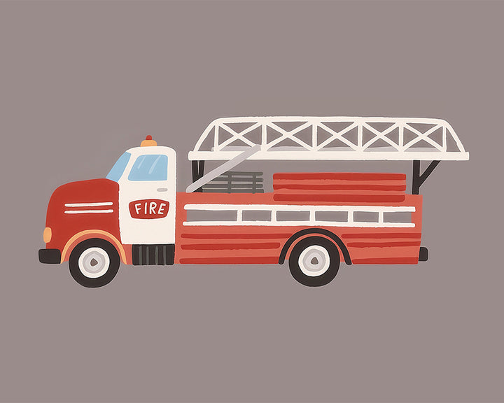 Illustration of a vintage red fire truck with a white cab, featuring a ladder on top and the word "FIRE" on the side, set against a plain gray background.
