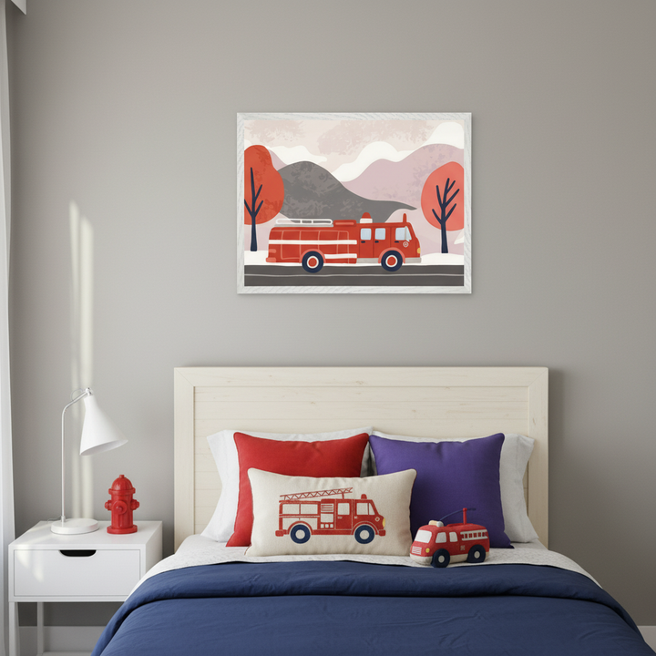Kid's bedroom with a light wood bed and white nightstand. A framed whimsical illustration of a red fire truck, trees, and mountains hangs above the bed. A red fire hydrant, a fire truck pillow, and a toy fire truck are on the nightstand and bed.