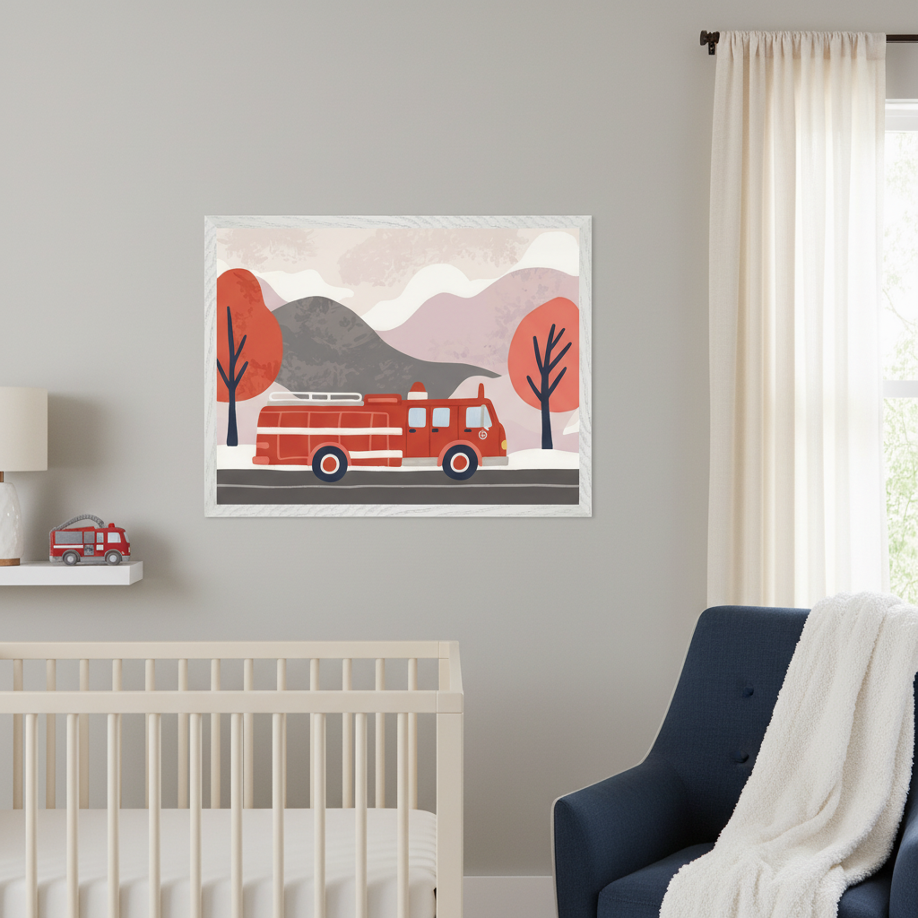 Modern nursery with a white crib, navy armchair, and a white shelf with a lamp and toy fire truck. A framed illustration of a red fire truck in a landscape with hills and trees hangs on the gray wall, above the crib and left of the armchair.