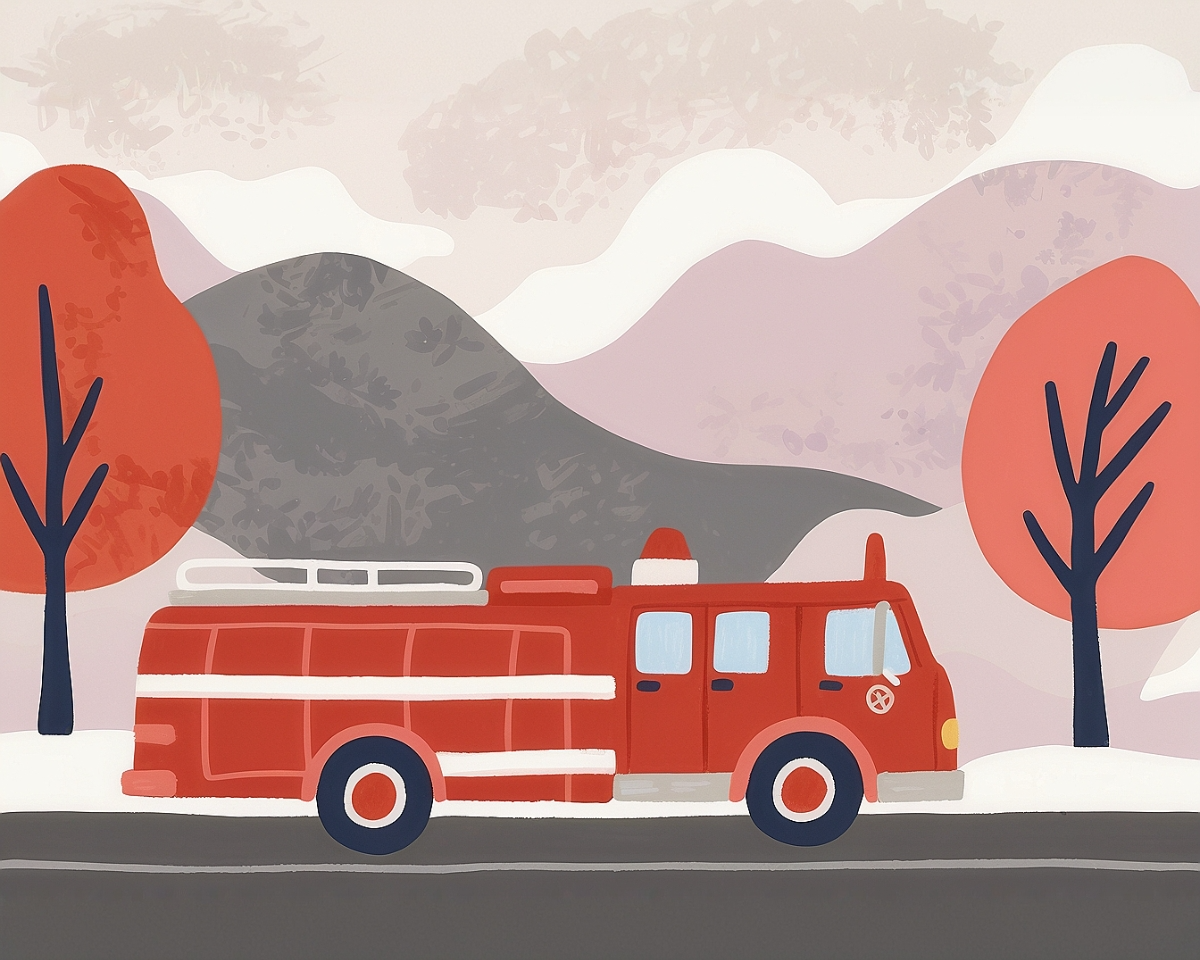 A red fire truck is driving along a road, set against a backdrop of stylized mountains and trees with red foliage. The scene has a whimsical, illustrated style, with soft pastel colors and simple shapes.