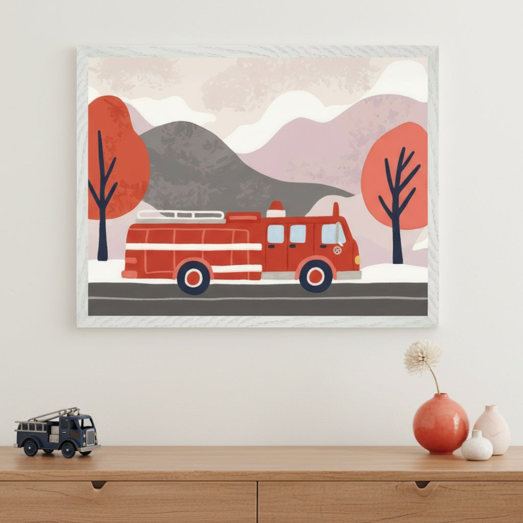 Modern kid's room with a light wood dresser. A framed illustration of a red fire truck in a stylized mountain landscape with red trees hangs centered above the dresser. A toy fire truck and decorative vases are on the dresser.