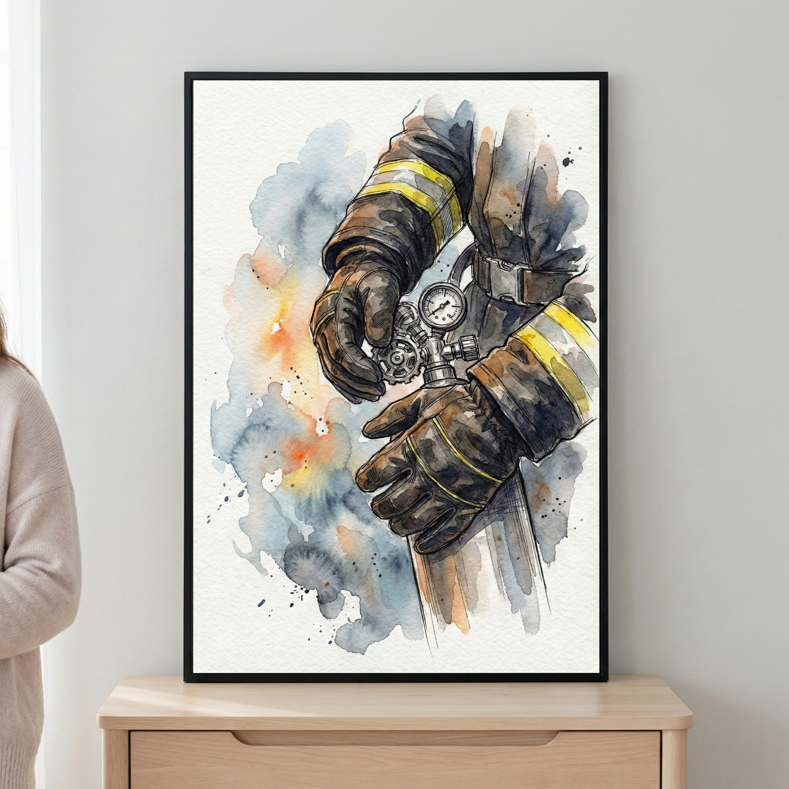 A vertical watercolor illustration depicts the hands of a first responder in thick, dark protective gloves as they adjust a pressure gauge on a piece of equipment. The figure wears a heavy-duty uniform with bright yellow and silver reflective safety stripes. The artwork uses a fluid style with visible brushstrokes and ink-like outlines. In the background, soft washes of blue and gray are contrasted by fiery orange and yellow tones, suggesting smoke and heat. 