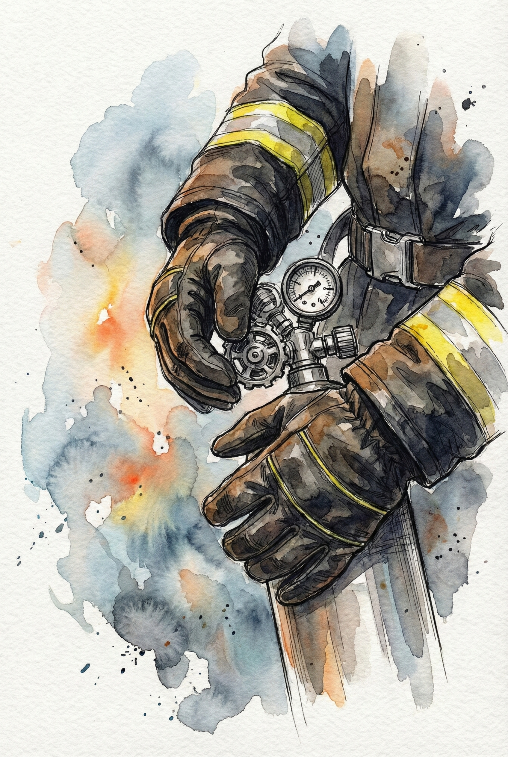 Close up watercolor illustration of a firefighter’s gloved hands turning a metal valve attached to an air tank regulator. Yellow reflective stripes on the sleeves stand out against smoky gray and orange washes in the background.
