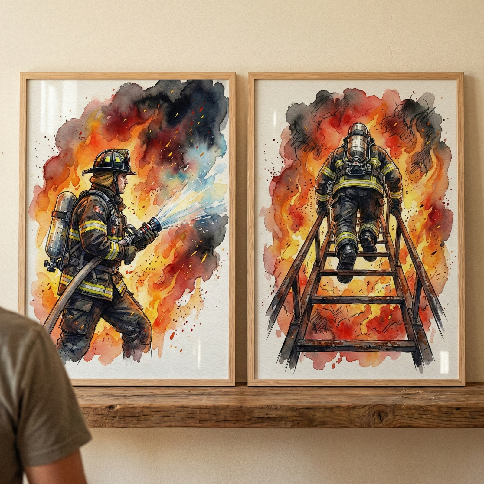 Two framed watercolor illustrations of firefighters are displayed on a rustic wooden shelf. One depicts a firefighter in profile, wearing full protective gear and a helmet, aiming a high-pressure hose that sprays water. Vivid splashes of orange, red, and black watercolor represent intense flames and billowing smoke behind the figure. The other artwork shows a firefighter from the back, climbing a ladder toward an inferno, with an oxygen tank on their back. Both are set against a neutral wall.