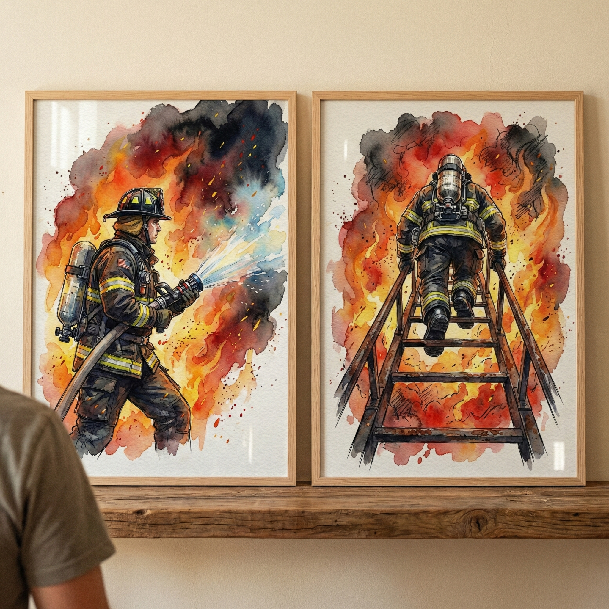 Firefighter Kids Room Wall Art Set of 2 - Brave Fire Rescuers
