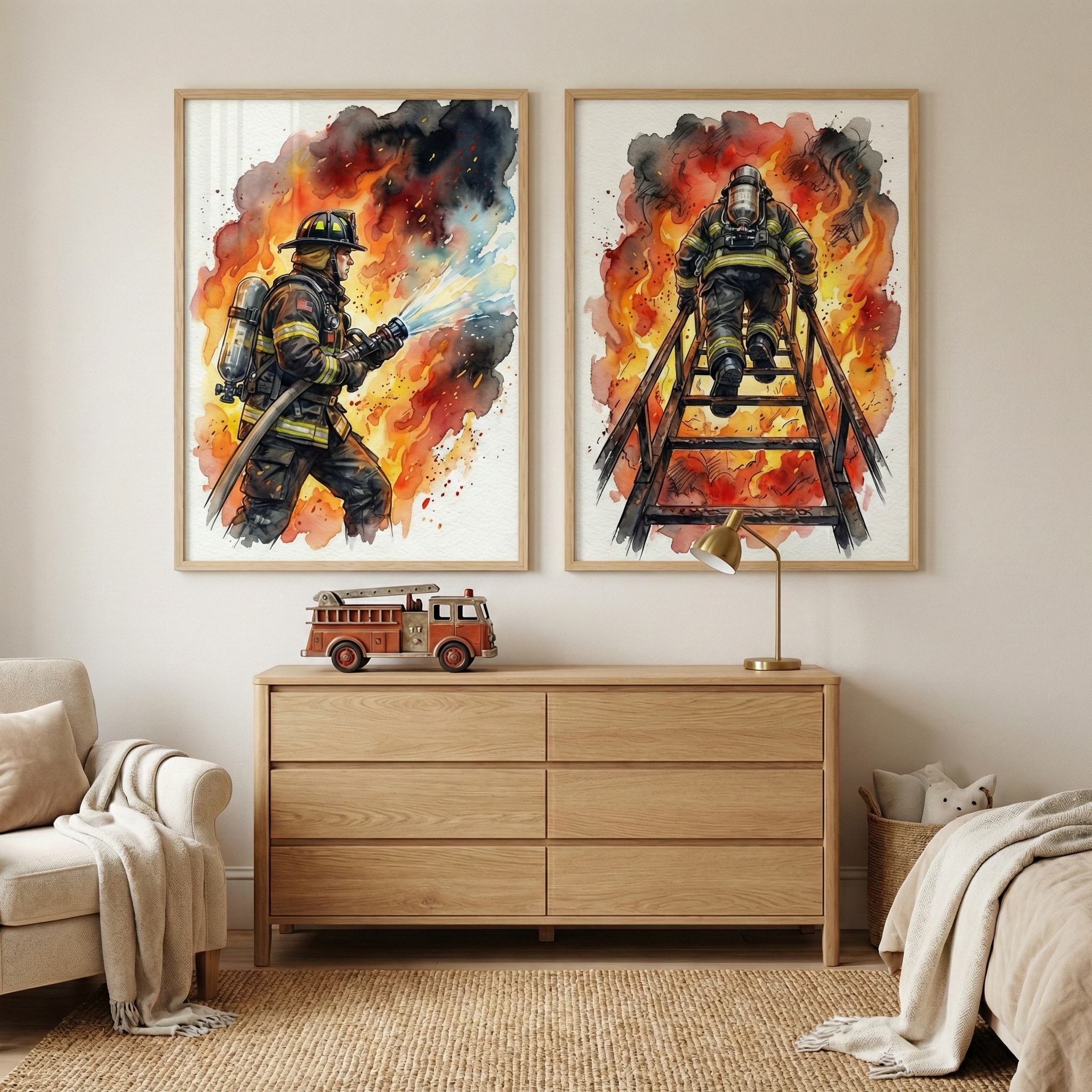 Firefighter Kids Room Wall Art Set of 2 - Brave Fire Rescuers