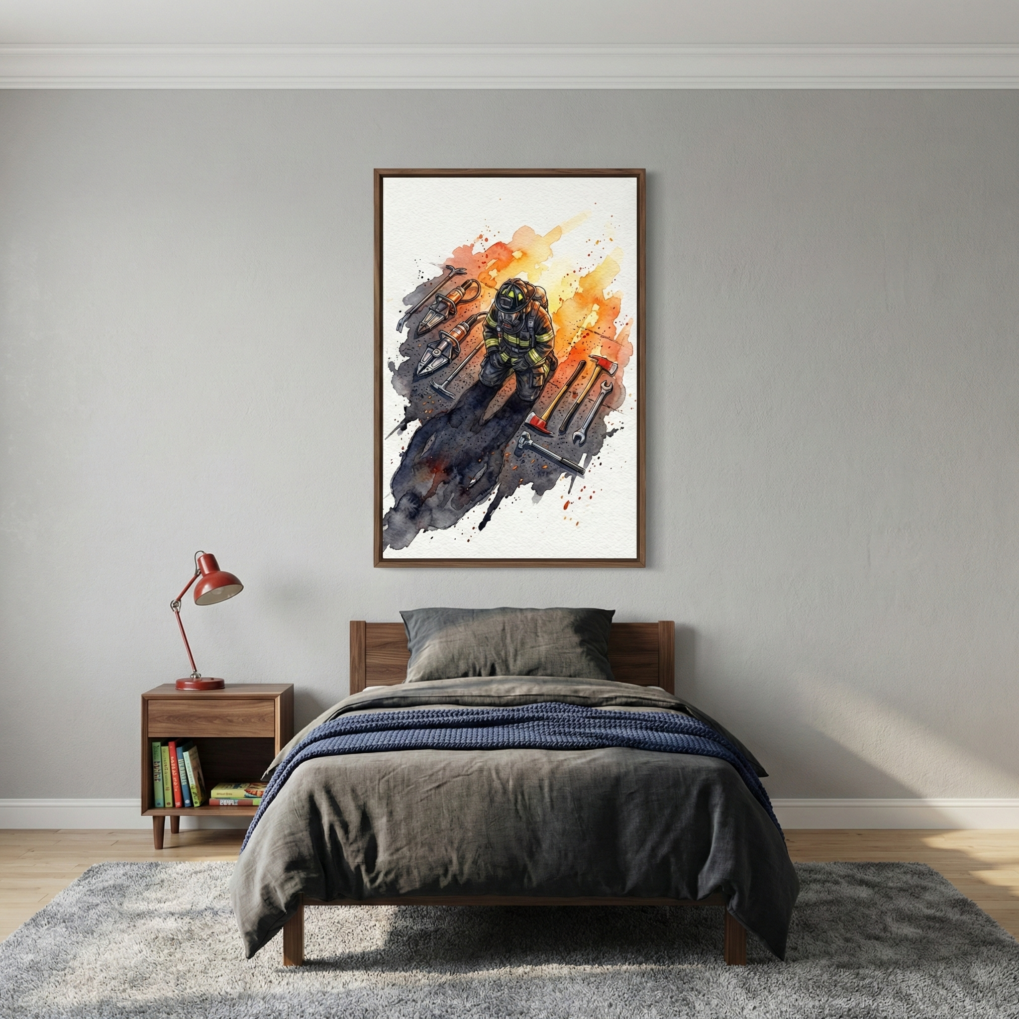 A modern, minimalist bedroom features light grey walls and light wood flooring. Centered above a simple wooden bed frame is a large framed artwork. The watercolor illustration depicts a firefighter in full protective gear surrounded by various firefighting tools like axes and wrenches. The style is expressive, with bold splashes of orange and red and deep, dark shadows against a clean white background. The bed is dressed in a dark grey duvet with a navy blue knit throw and a matching grey pillow. 