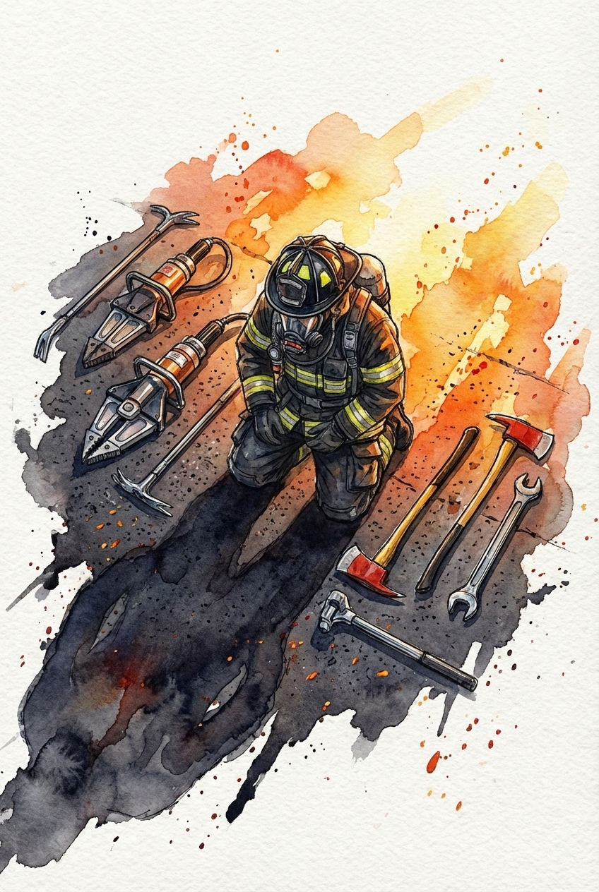 Watercolor scene of a firefighter kneeling on the ground surrounded by rescue tools including axes, a wrench, pry bars, and hydraulic cutters. Warm orange and black paint splashes suggest fire and smoke behind the figure.

