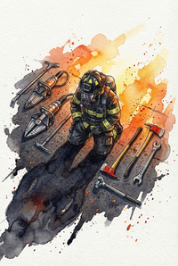 Watercolor scene of a firefighter kneeling on the ground surrounded by rescue tools including axes, a wrench, pry bars, and hydraulic cutters. Warm orange and black paint splashes suggest fire and smoke behind the figure.

