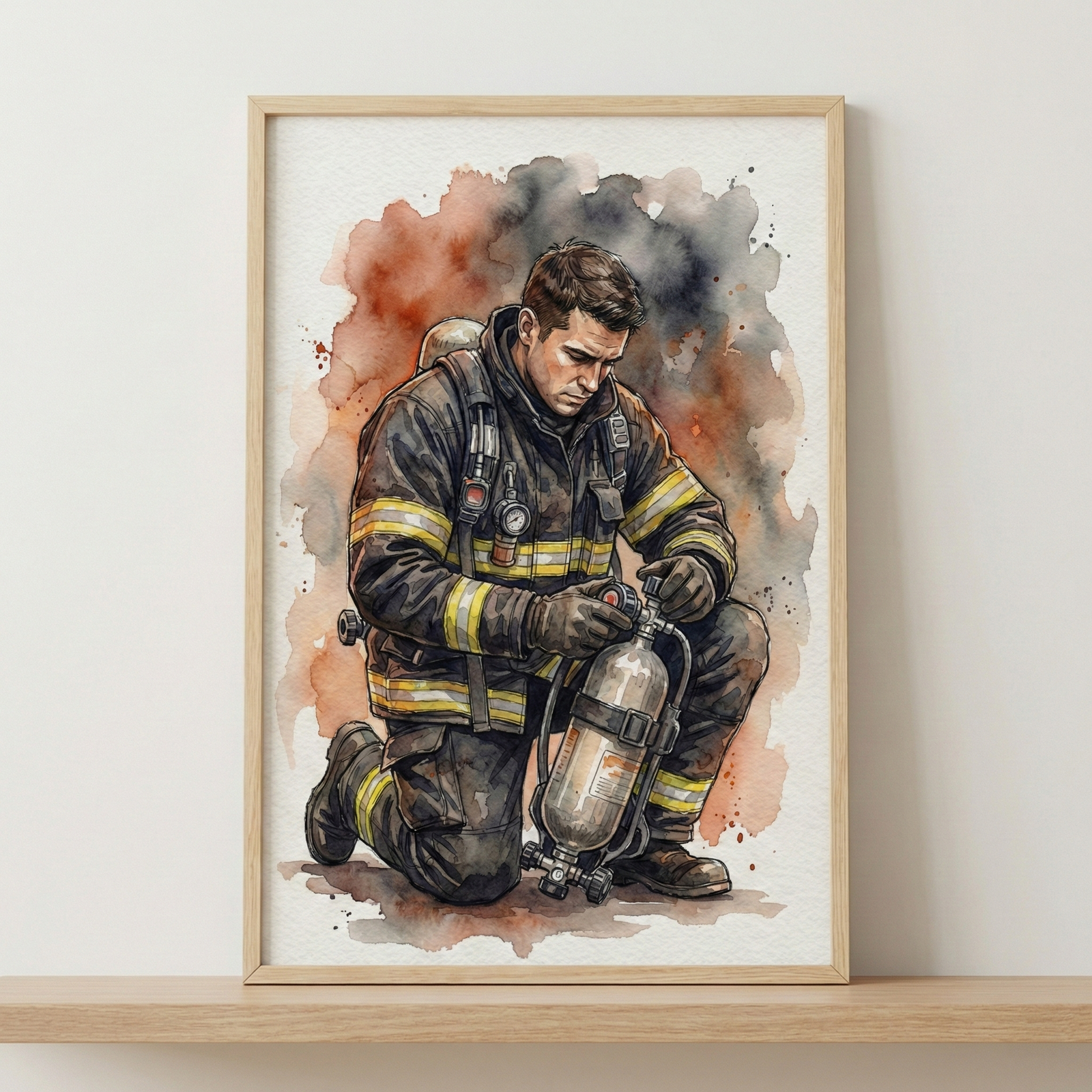 A watercolor illustration of a firefighter in full dark protective gear with yellow reflective stripes. He is depicted kneeling, focused on a silver pressurized tank with various valves and gauges. His expression is solemn and concentrated. The background consists of atmospheric watercolor washes in shades of burnt orange, smoky grey, and black. This artwork is displayed in a simple light wood frame, positioned on a wooden shelf against a neutral wall.