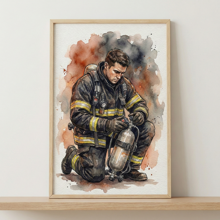 A watercolor illustration of a firefighter in full dark protective gear with yellow reflective stripes. He is depicted kneeling, focused on a silver pressurized tank with various valves and gauges. His expression is solemn and concentrated. The background consists of atmospheric watercolor washes in shades of burnt orange, smoky grey, and black. This artwork is displayed in a simple light wood frame, positioned on a wooden shelf against a neutral wall.