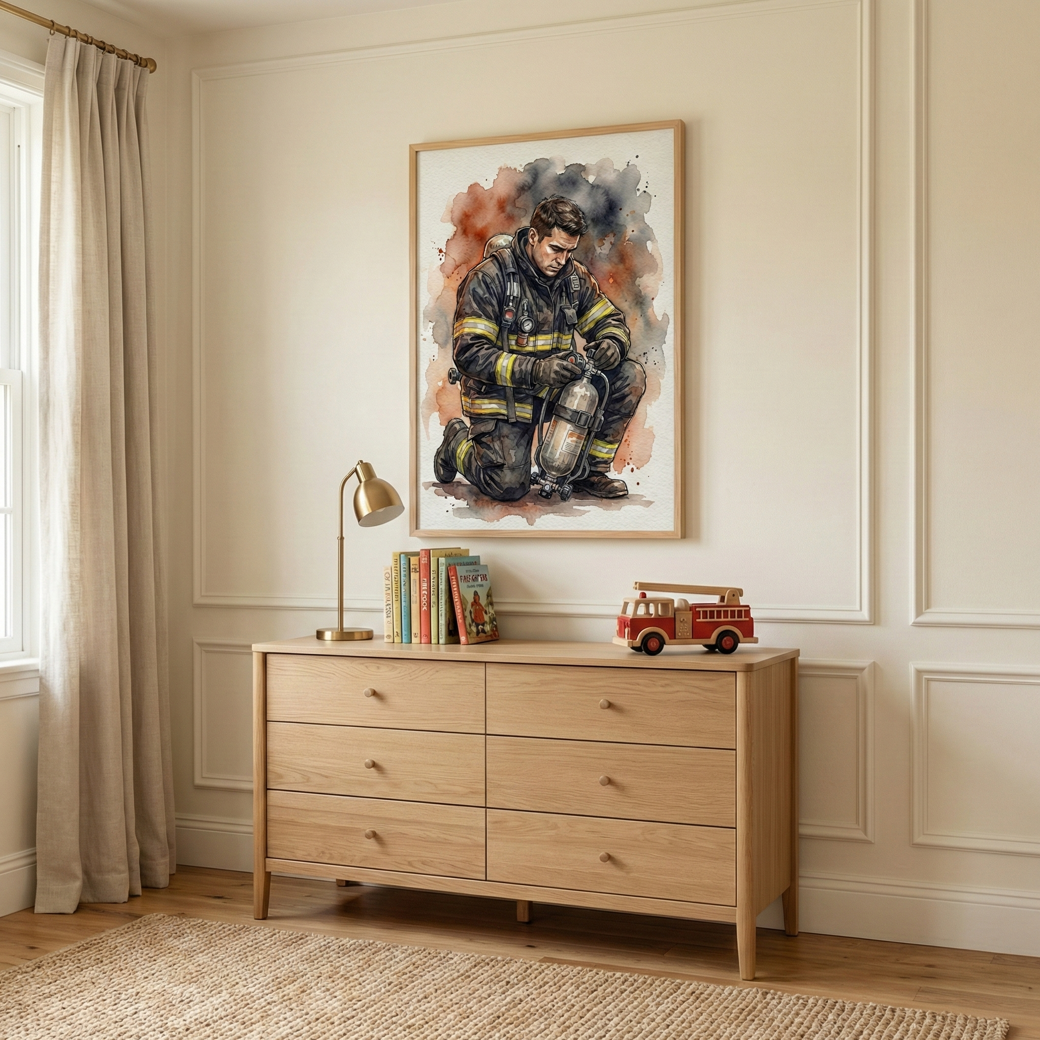 A bright, clean room features a light-toned wooden six-drawer dresser set against a cream-colored paneled wall. On the dresser sits a gold-finished desk lamp, a small collection of books, and a red wooden toy fire truck. Hanging above is a framed watercolor illustration depicting a firefighter in dark gear kneeling and holding equipment. To the left, a large window is draped with long, neutral curtains, and a woven jute rug rests on the light wood flooring.
