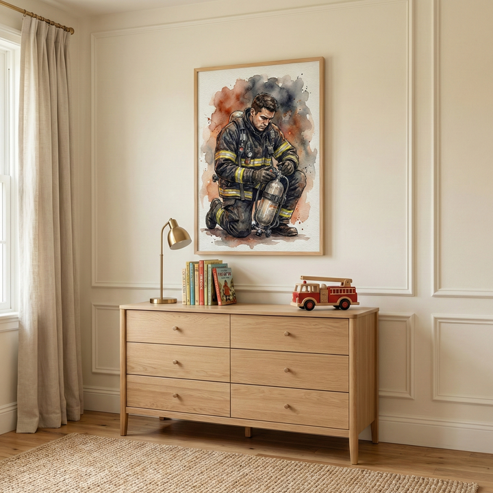 A bright, clean room features a light-toned wooden six-drawer dresser set against a cream-colored paneled wall. On the dresser sits a gold-finished desk lamp, a small collection of books, and a red wooden toy fire truck. Hanging above is a framed watercolor illustration depicting a firefighter in dark gear kneeling and holding equipment. To the left, a large window is draped with long, neutral curtains, and a woven jute rug rests on the light wood flooring.