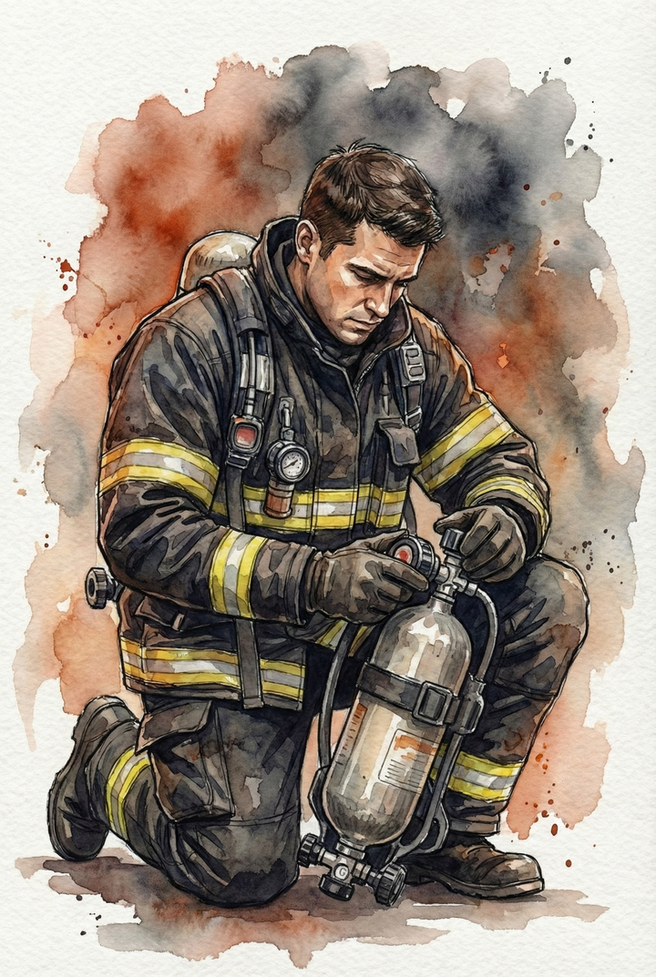 Illustration of a firefighter kneeling while adjusting the regulator on a breathing apparatus tank. Sooty smoke and reddish brown watercolor textures create a tense emergency atmosphere.