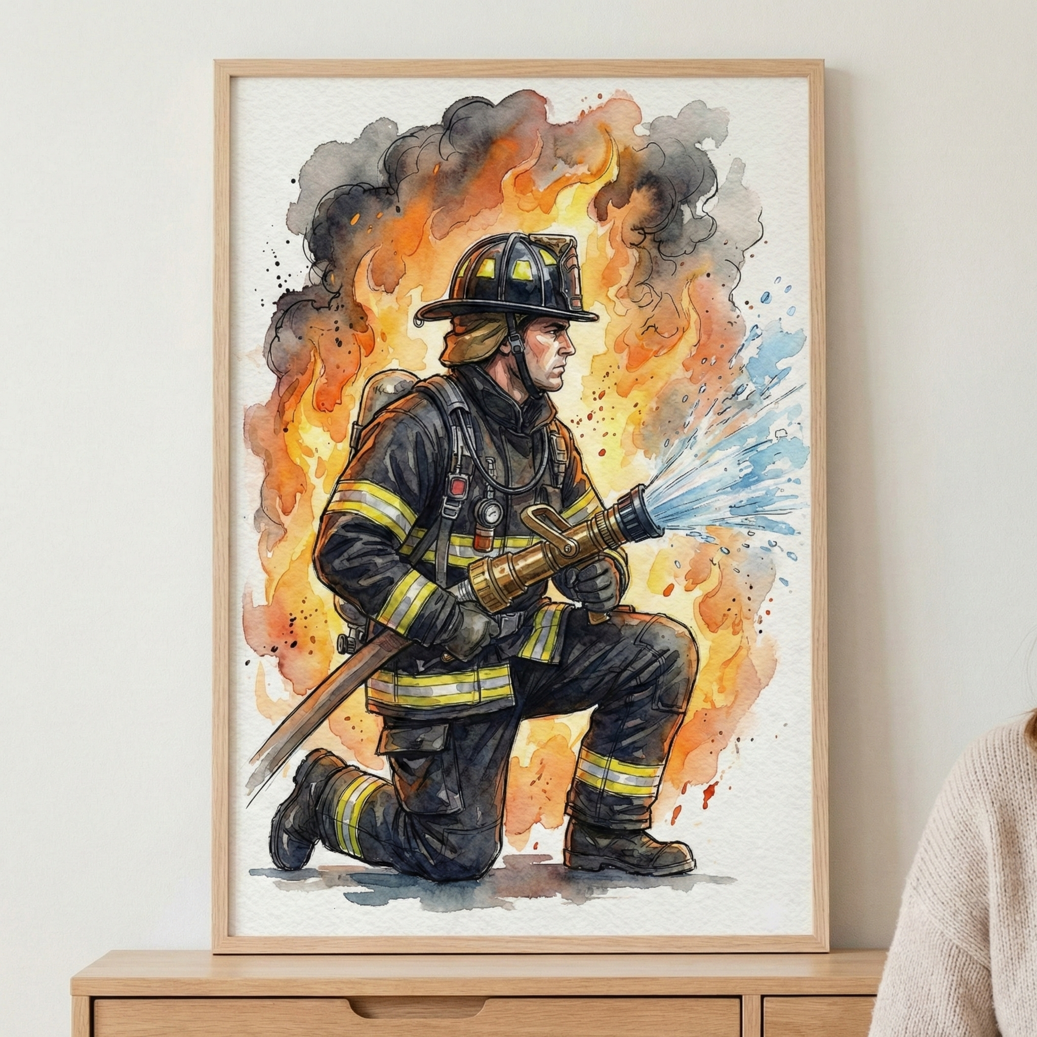 A framed watercolor-style illustration depicts a firefighter in full gear, including a helmet and dark uniform with reflective yellow stripes. The figure is kneeling in profile, directing a pressurized stream of blue water from a hose nozzle. A dramatic background of bright orange and yellow flames and thick grey smoke surrounds the scene. The artwork has a textured look with loose brushstrokes and fine ink outlines. The print is presented in a light-colored wooden frame.