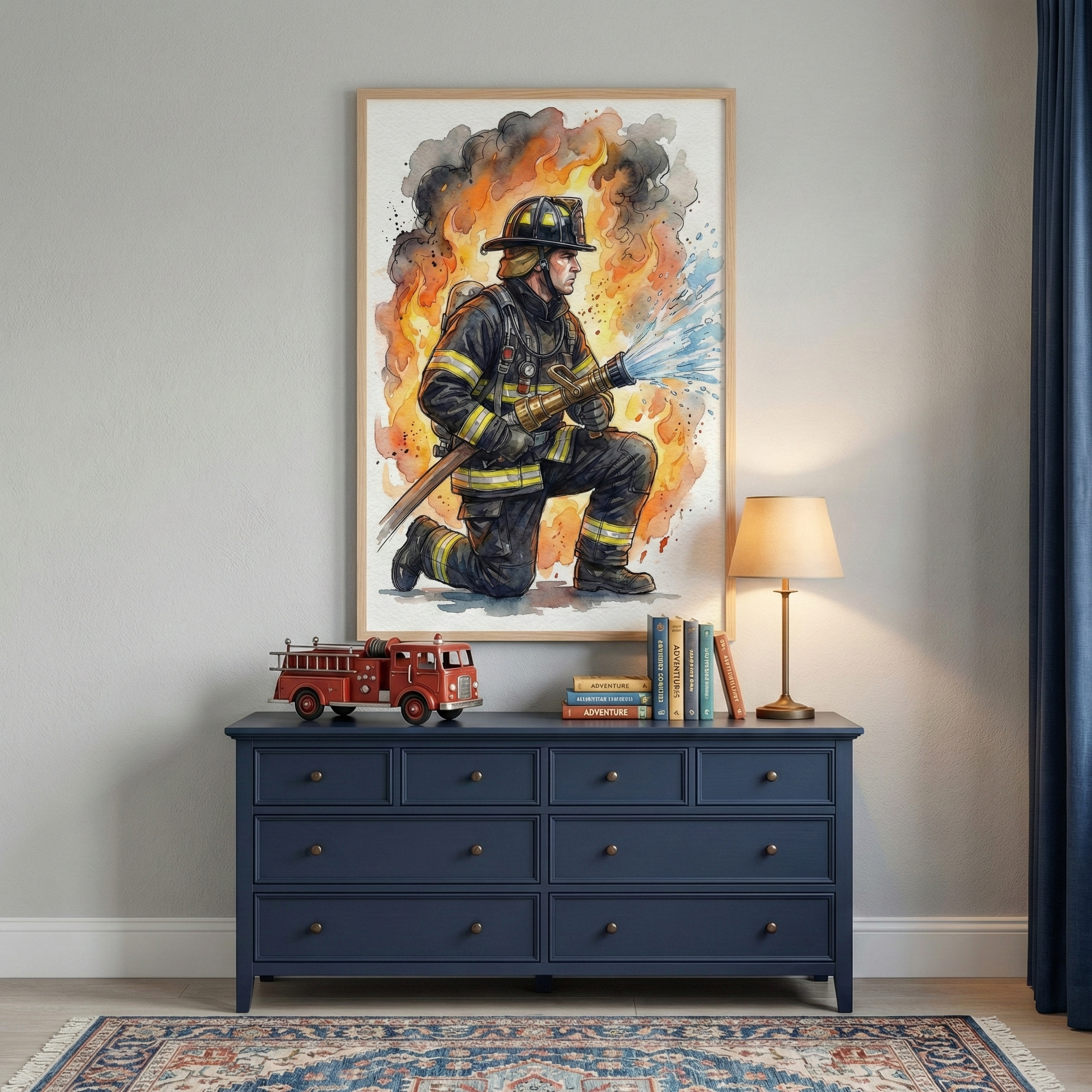 A framed vertical illustration in a watercolor style hangs on a light grey wall above a dark blue eight-drawer dresser. The artwork depicts a firefighter in full gear kneeling and using a hose to spray water against a backdrop of orange fire and dark smoke. On the dresser, there is a red toy fire truck, a small stack of books, and a lamp with a beige shade providing warm light. A patterned area rug with blue and red motifs is on the floor, and a navy blue curtain is visible on the right side of the frame.