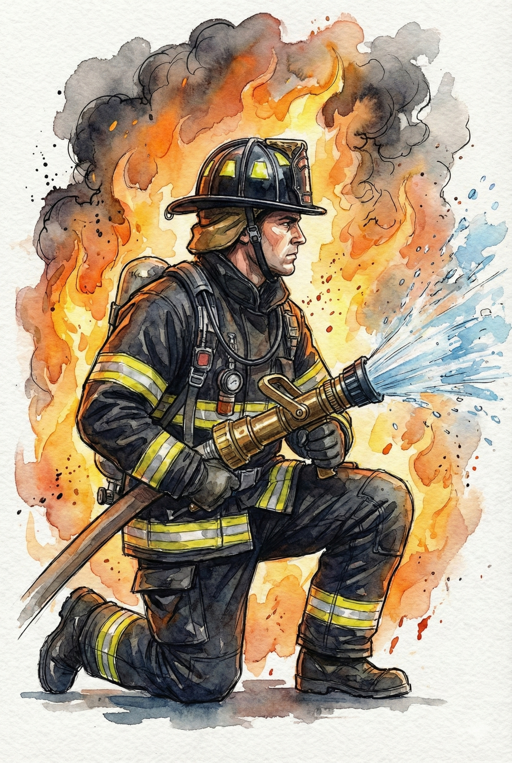 Watercolor painting of a firefighter kneeling and gripping a hose nozzle while spraying a strong stream of water toward towering flames. Bright orange fire and dark smoke billow behind the figure.
