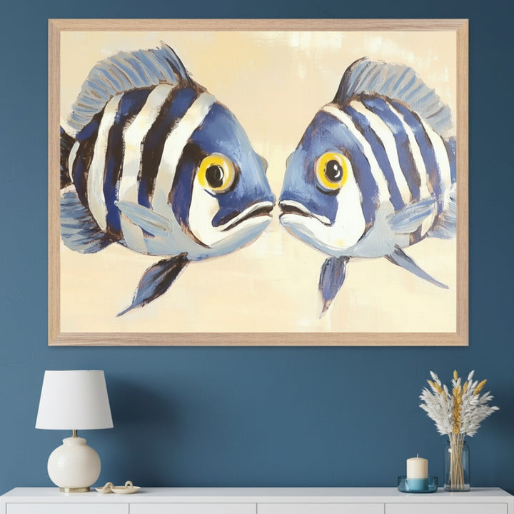 Modern room with a white console table against a dark blue wall. A large light wood-framed painting of two blue and white striped fish with yellow eyes, facing each other, hangs centered above the table. A white lamp and dried flowers are on the table.
