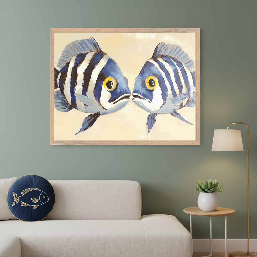Modern living room with a beige sectional sofa and navy fish pillow. A large framed painterly painting of two blue and white striped fish hangs above the sofa. A wooden side table and gold floor lamp are on the right.