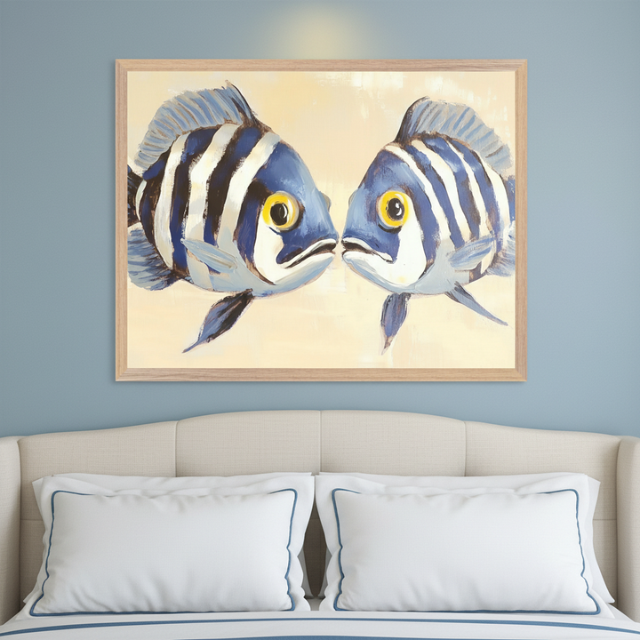 Modern bedroom with a light beige padded headboard and white pillows. A framed painting of two blue and white striped fish with yellow eyes facing each other hangs on a blue wall above the bed.