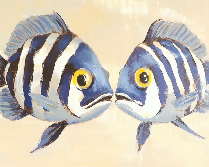 Bold, painterly illustration of two blue-and-white striped fish facing each other with large yellow eyes and expressive mouths.
