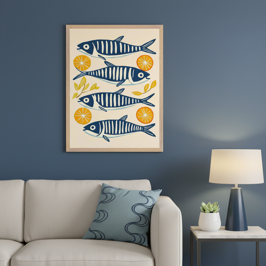 Modern living room with a beige sofa and a side table with a lamp. A framed print of four blue and white striped fish with orange slices and leaves, in a graphic style, hangs centered on the blue wall above the sofa.