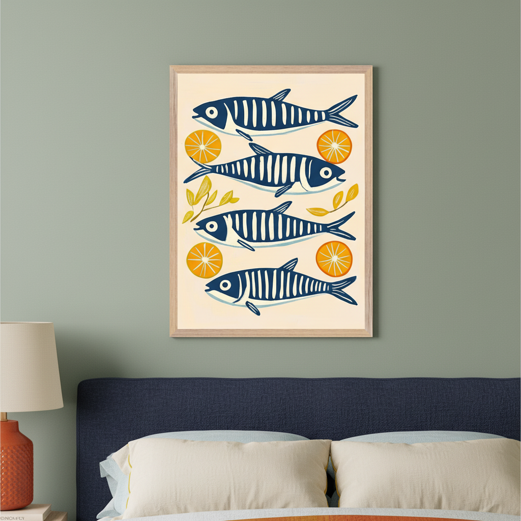 Bedroom with sage green walls. A light wood framed print of four blue and white striped fish with orange slices and yellow leaves hangs centered above a bed with a dark blue fabric headboard. A red-orange lamp is to the left.