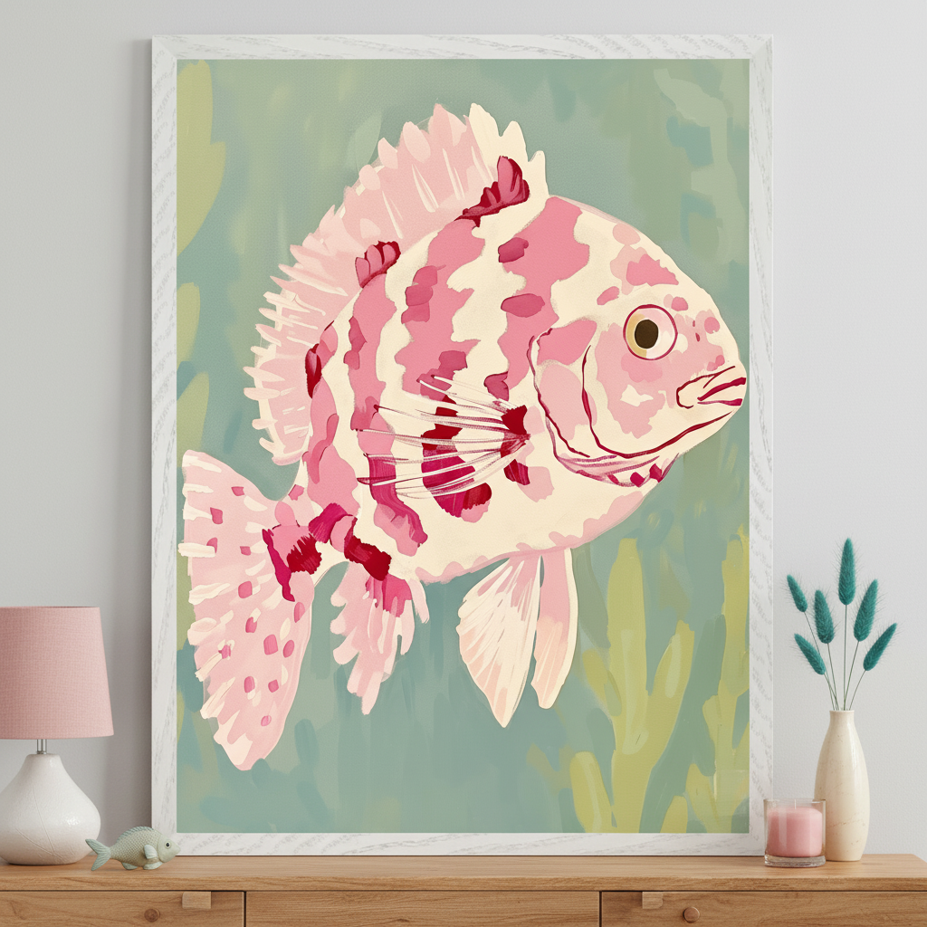 Contemporary room with a white-framed wall art print of a pink and cream patterned fish hanging above a wooden dresser. The painterly fish has dark pink accents on a blue-green background. A pink lamp and vase are on the dresser.