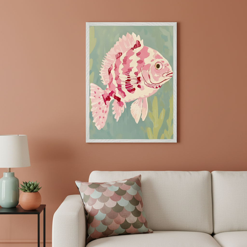 Terracotta-walled living room with a white sofa. A large framed print of a stylized pink and white fish on a teal background hangs above the sofa. A black side table with a mint lamp and plant is to the left.