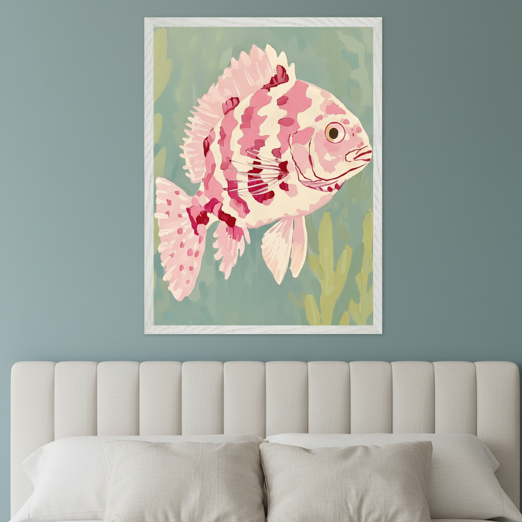 Modern bedroom with a bed featuring an upholstered headboard and pillows. A large framed painting of a pink and white patterned fish in teal water with green plants hangs centered above the bed.