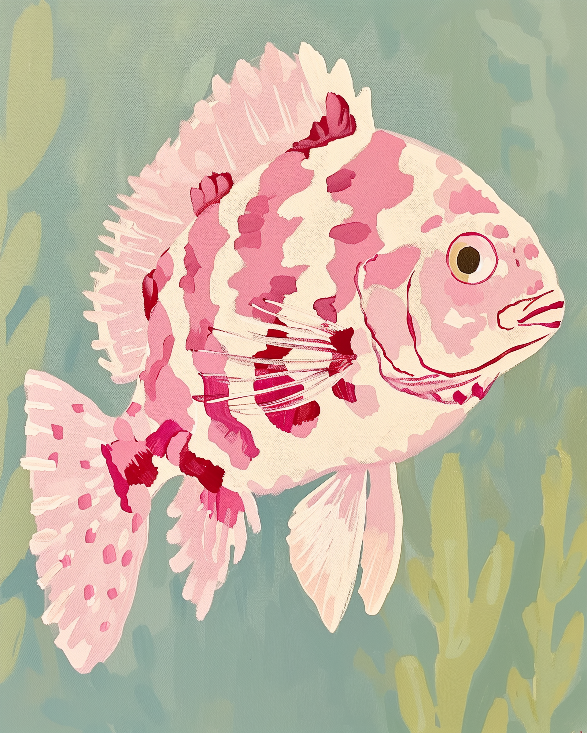 Artistic rendering of a pink and red spotted fish with large fins swimming in a muted green-blue underwater scene with soft plant shapes in the background.