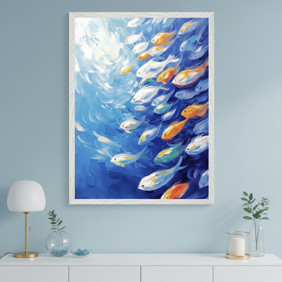 Modern room with a light blue wall and white console table. A large framed painting of colorful fish swimming in a vibrant blue ocean, lit from above in an impressionistic style, hangs centered above the table. A lamp, plants, and candle adorn the table.