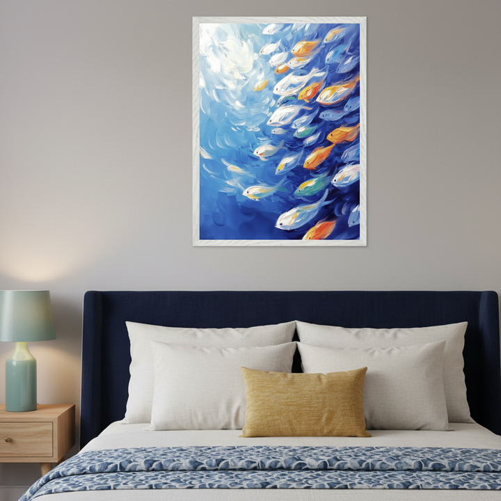 Modern bedroom with a dark blue upholstered bed and a wooden nightstand with a green lamp. Above the bed hangs a framed painting depicting many white, orange, and yellow fish swimming in dynamic blue water.