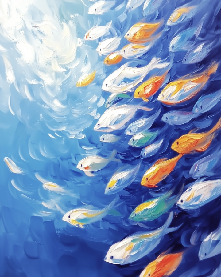 Vivid, painterly depiction of a large school of fish in shades of white, yellow, orange, and green swimming together in deep blue ocean waters with light filtering from above.