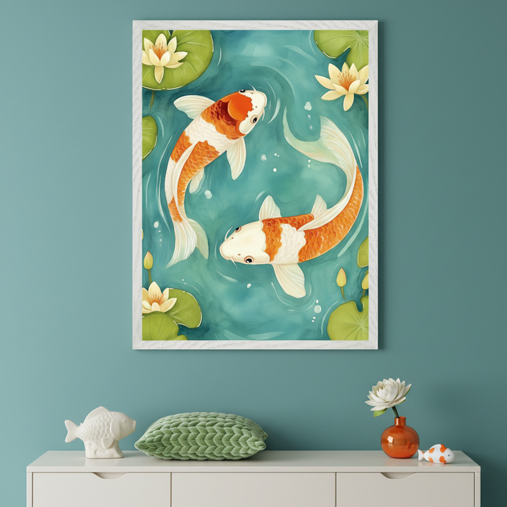 Framed illustration of two orange and white koi fish swimming in a turquoise pond surrounded by lily pads and blooming water lilies, displayed above a white dresser with fish-themed decor and a green knotted pillow.