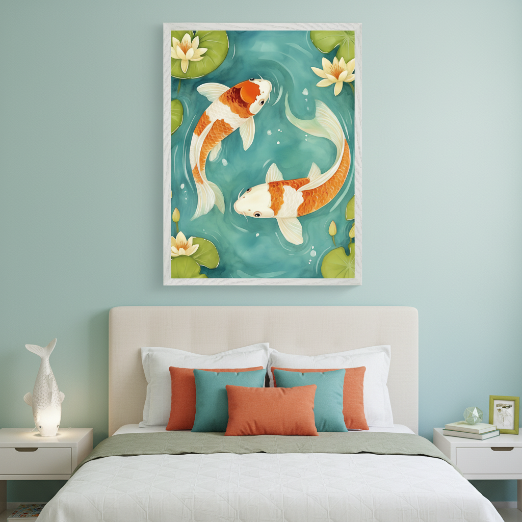 Bright bedroom with a framed painting of koi fish gliding in a clear blue pond with yellow lotus flowers, hung above a white bed styled with teal and coral pillows and a fish-shaped bedside lamp.