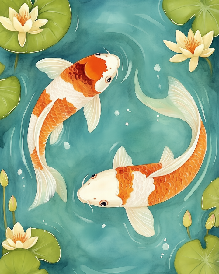 Two colorful koi fish swim gracefully in a pond, surrounded by green lily pads and blooming yellow water lilies, set against a serene blue water background.