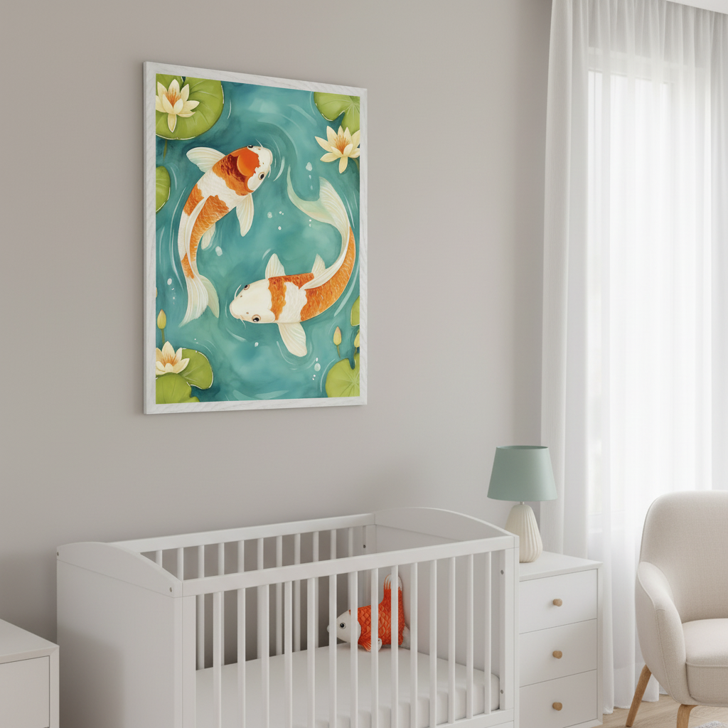 Soft-toned nursery featuring a watercolor-style artwork of koi fish in a lily-covered pond, displayed above a white crib with a plush orange fish toy and a dresser with a pale green lamp.