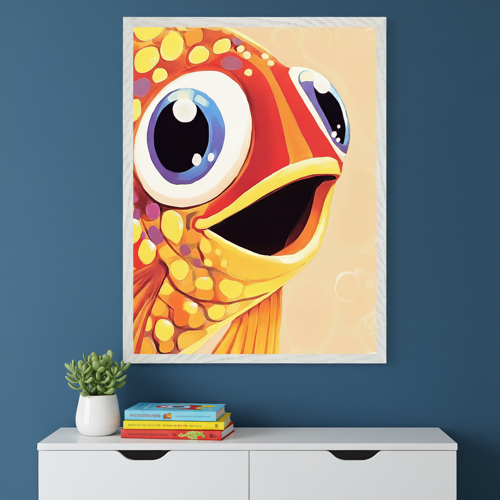 A white dresser sits below a large framed, cartoon-style painting of a vibrant orange and yellow fish with big blue eyes and an open mouth, looking right in a modern kid's room with a blue wall. A small green plant and stacked books are on the dresser.