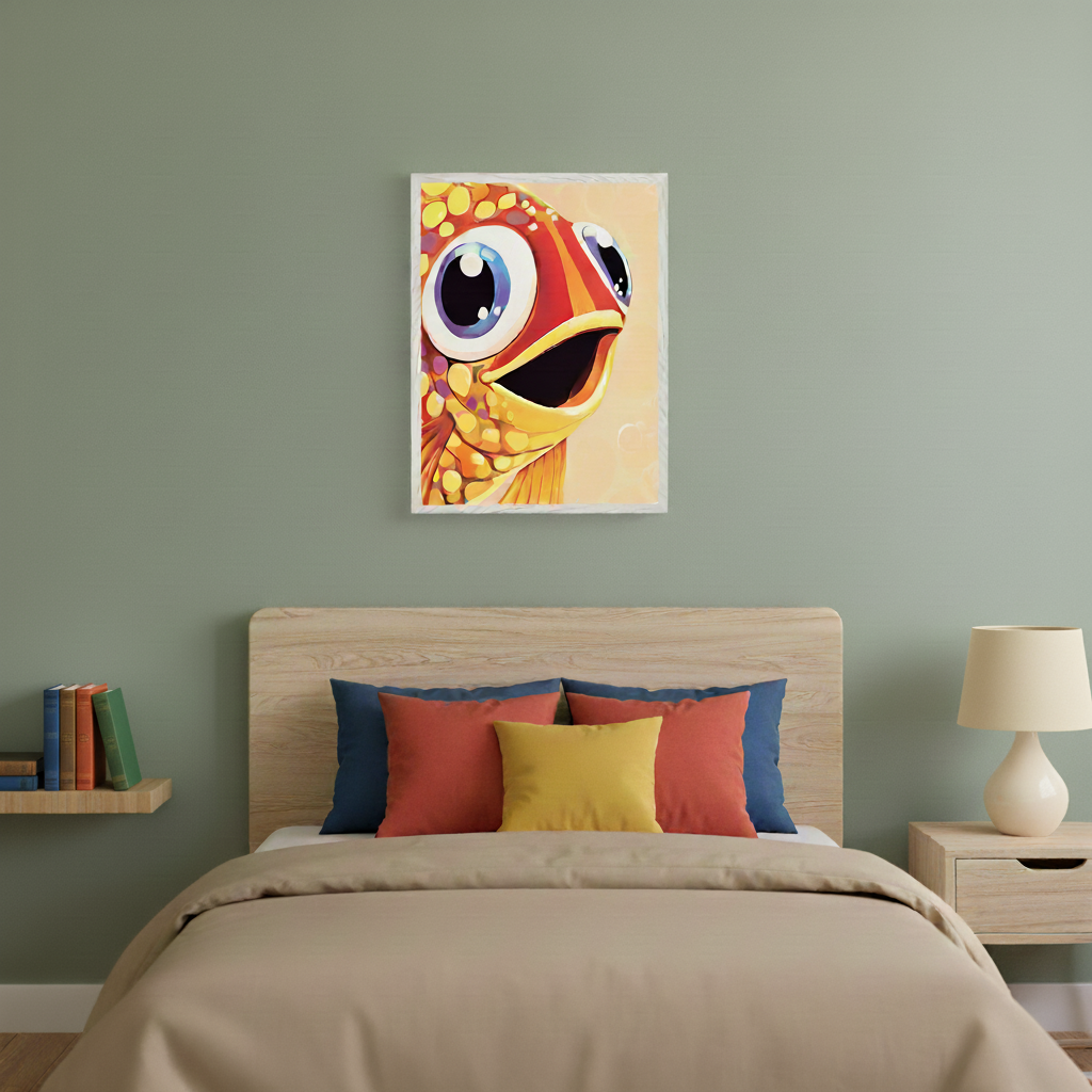 Kid's modern bedroom with a light wood bed and headboard against a green wall. A framed print of a colorful, cartoon-style fish with big blue eyes hangs centered above the bed. A wooden nightstand with a lamp and a floating shelf with books are also visible.