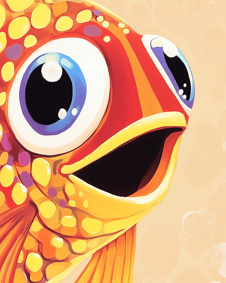 A vibrant, cartoon-style fish with large, expressive blue eyes and an open mouth, featuring a bright orange and yellow body with purple and yellow spots, set against a soft, bubbly background.