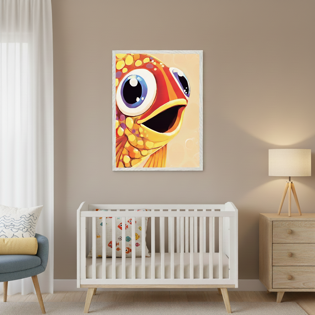 Modern nursery with a white crib and light wood dresser against a beige wall. A framed, cartoon-style print of a brightly colored fish with large eyes and an open mouth hangs above the crib.