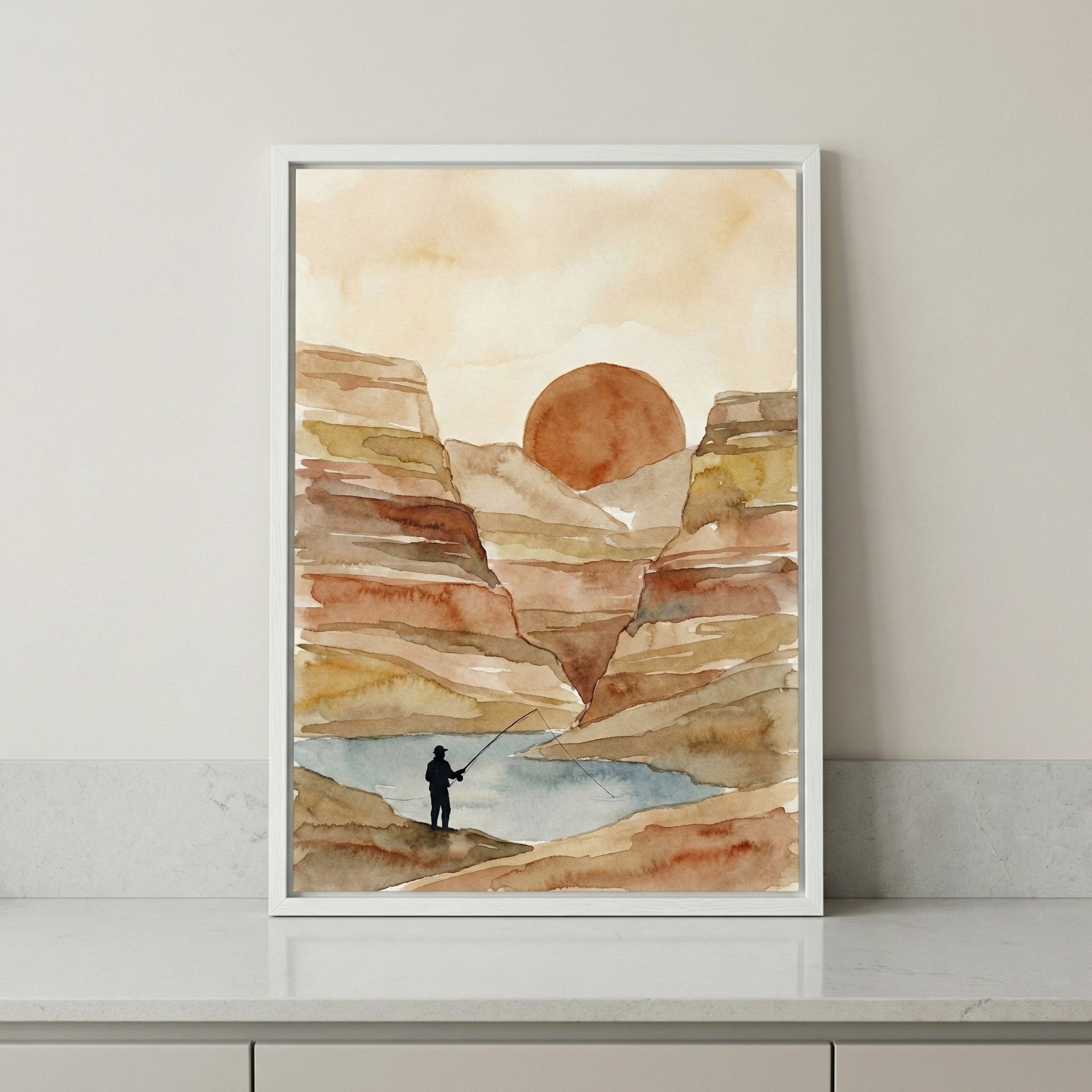 Watercolor painting of a lone fisherman casting his line into a quiet river, set against layered desert cliffs and a large orange sun. The warm earthy tones and minimal silhouette evoke calm and solitude.