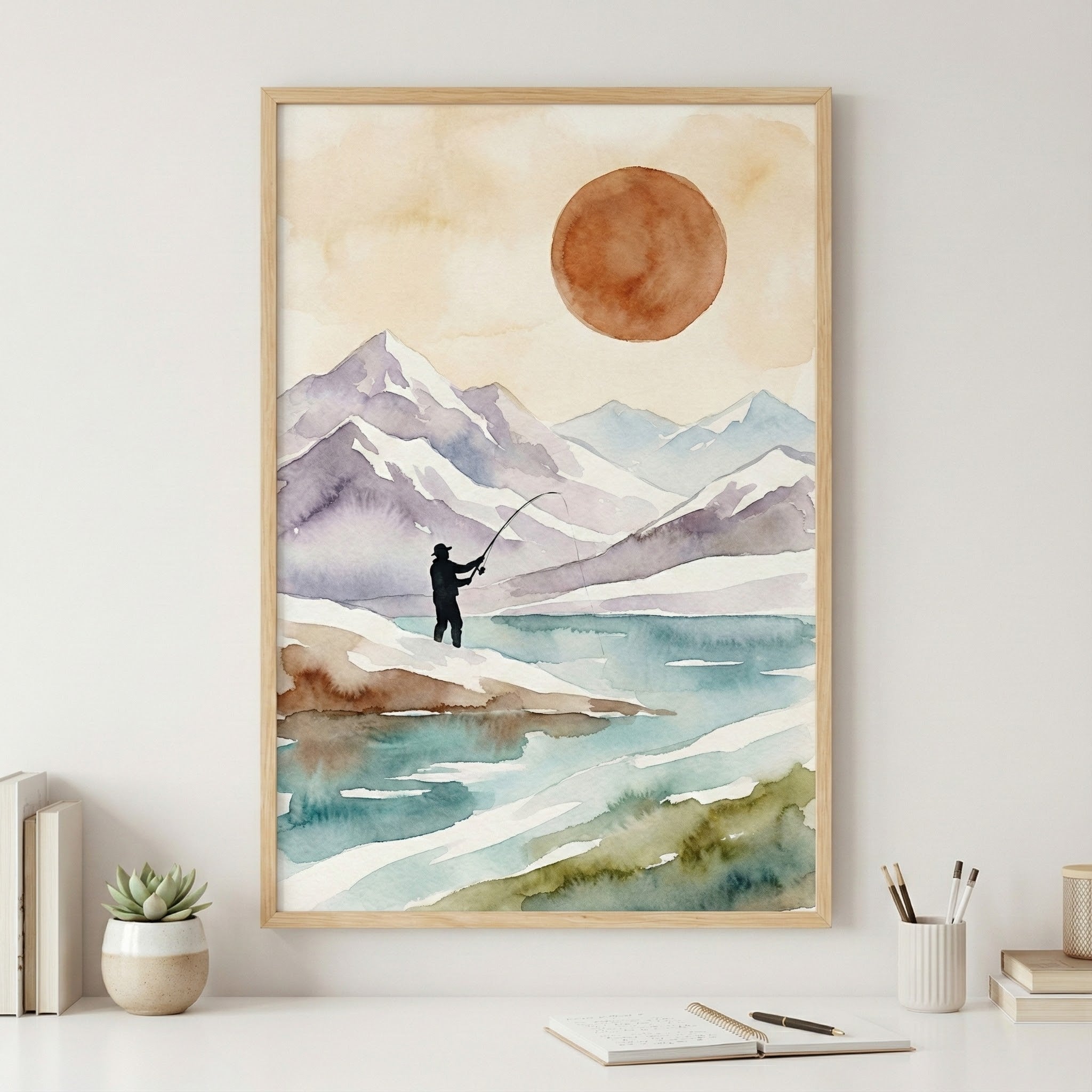Watercolor painting of a fisherman casting his line beside a tranquil lake surrounded by snow-capped mountains, under a warm orange sun in a misty sky.