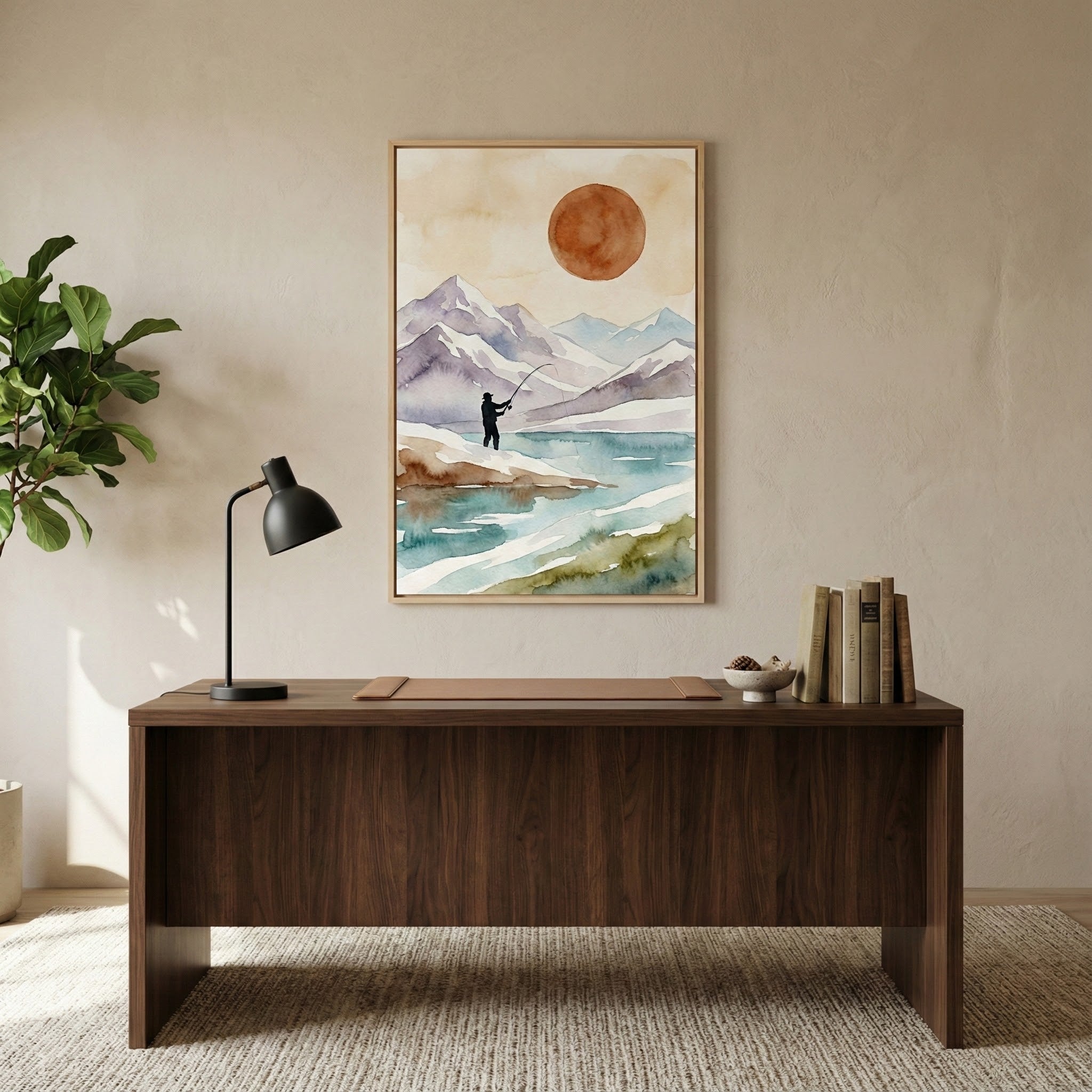 Framed artwork of a solitary fisherman by a serene mountain lake, with soft watercolor tones capturing the natural beauty of the landscape in a calm office setting.