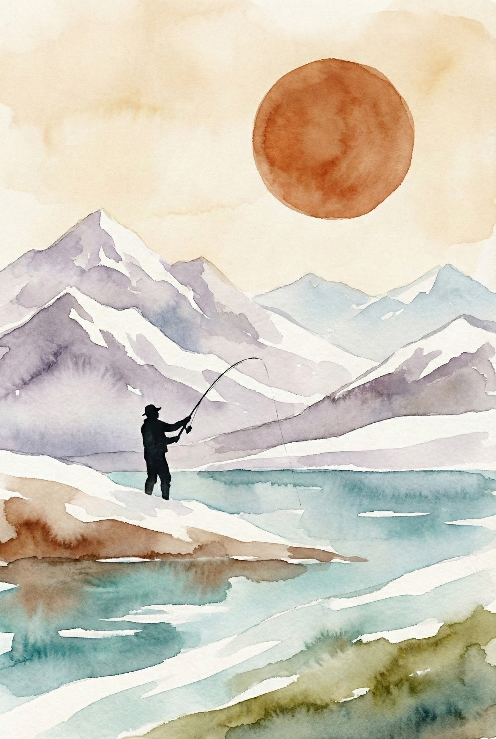Watercolor painting of a fisherman casting a line beside a serene mountain lake, surrounded by snow-covered peaks in soft purples and blues. A large burnt-orange sun hangs in a pale sky, adding warmth to the cool alpine scene.